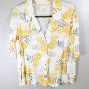 Women's Tropical Print Top - Yellow and White